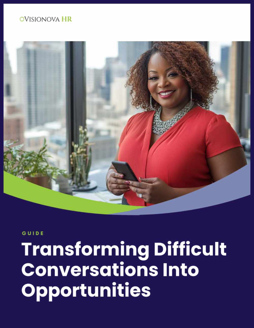 transforming-difficult-conversations-guide Visionova HR free guide for people managers, “Transforming Difficult Conversations Into Opportunities,” featuring a confident woman in a red blouse holding a smartphone in a modern office. Learn leadership skills and workplace communication strategies for handling difficult conversations.
