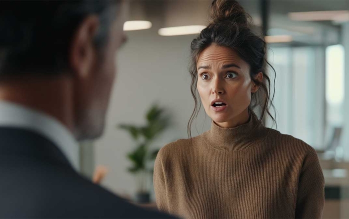 Close-up of a female employee looking shocked and wide-eyed during a tense conversation with a male supervisor, illustrating the immediate "threat response" to unfiltered workplace communication.