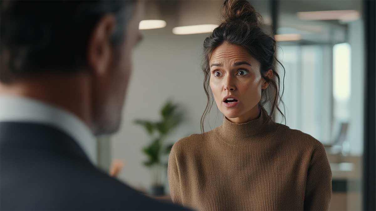 Close-up of a female employee looking shocked and wide-eyed during a tense conversation with a male supervisor, illustrating the immediate "threat response" to unfiltered workplace communication.