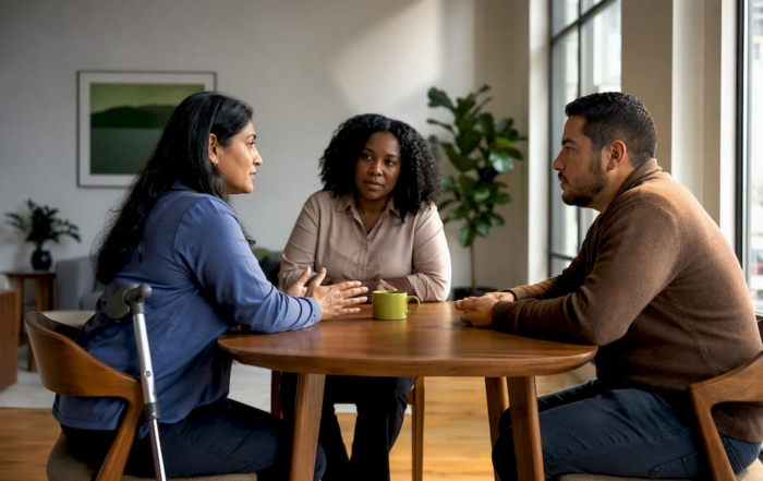 Facilitator guiding two employees through mediation
