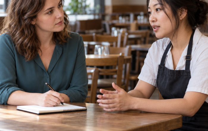 Interviewer taking notes as a departing restaurant employee shares feedback.